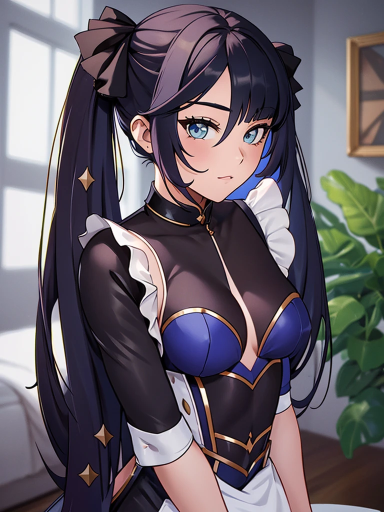 (Mona), 1girl, as a maid, wearing a maid outfit, at a home, Mona's hair, 8k, high detailed, high quality