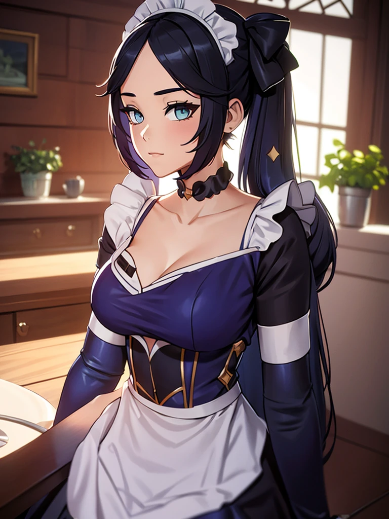 (Mona), 1girl, as a maid, wearing a maid outfit, at a home, Mona's hair, 8k, high detailed, high quality