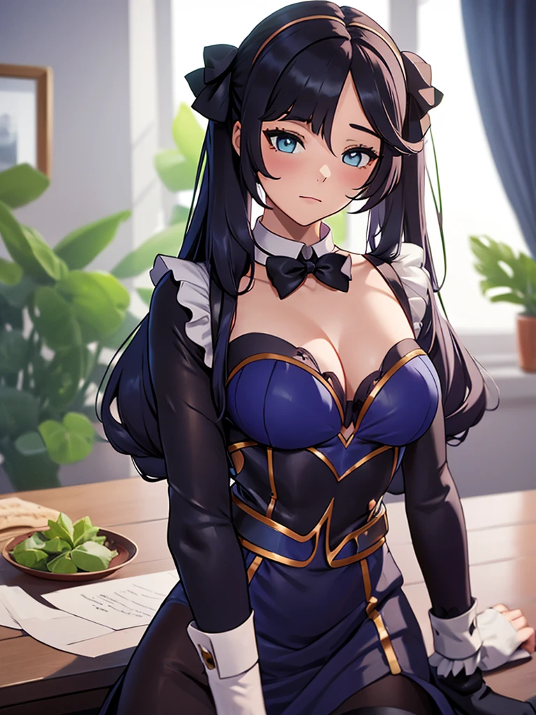 (Mona), 1girl, as a maid, wearing a maid outfit, at a home, Mona's hair, 8k, high detailed, high quality