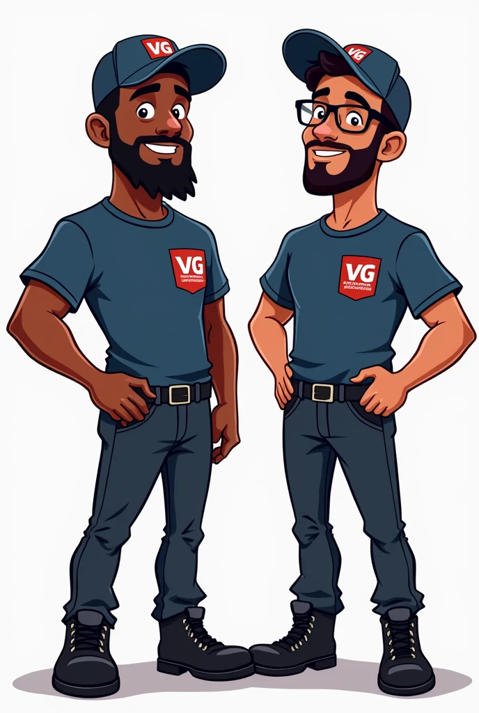 Cartoon Style Illustration: Two air conditioning technicians side by side.
First Technician: dark-skinned, with beard, wearing a cap and a dark blue t-shirt with the inscription "VG Air Conditioning" in the right side pocket. He also wears black pants and black work boots..
Second Technician: dark-skinned, with beard, wearing a cap and a dark blue t-shirt with the inscription "VG Air Conditioning" in the right side pocket. Ele usa óculos de grau He also wears black pants and black work boots..
They are both the same color. The one without glasses has a longer beard.