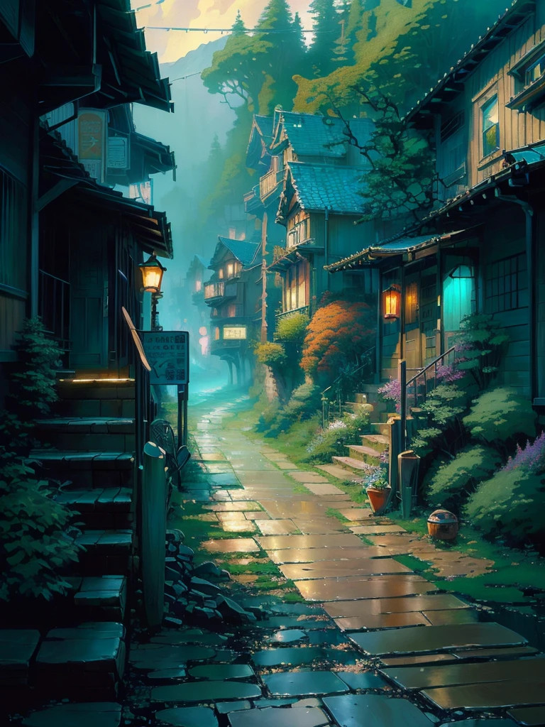 a painting of a street with a path leading to a house, andreas rocha style, ross tran. scenic background, anime background art, scenery artwork, anime. by makoto shinkai, by Makoto Shinkai, by makoto shinkai, tomas kinkade, japanese village, japanese street, (((thomas kinkade))), beautiful anime scene