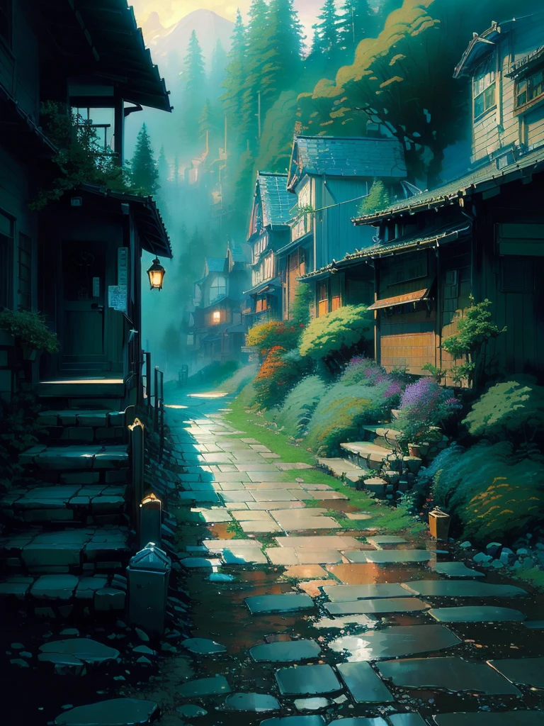 a painting of a street with a path leading to a house, andreas rocha style, ross tran. scenic background, anime background art, scenery artwork, anime. by makoto shinkai, by Makoto Shinkai, by makoto shinkai, tomas kinkade, japanese village, japanese street, (((thomas kinkade))), beautiful anime scene