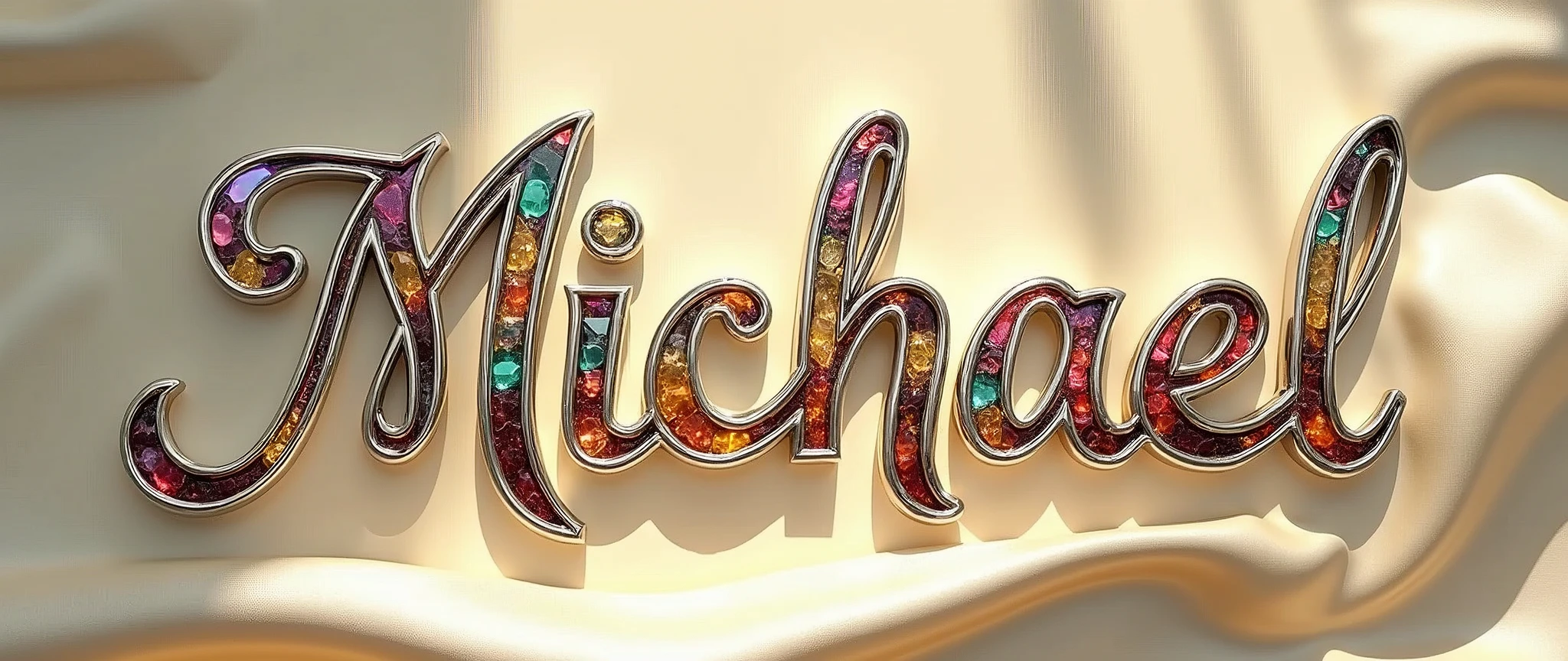 (text:"Michael") The word, in Art Nouveau fancy script text, shiny bright polished silver chrome with coloured glass insets, art nouveau, flowing shapes and flourishes, full sunlight front face view on flat cream silk background, tropical reflection on text, bright highlights, lens flare, logo, badge, emblem, insignia, label, photorealistic, extremely detailed, beautiful, unique, epic, cinematic, sparkling,