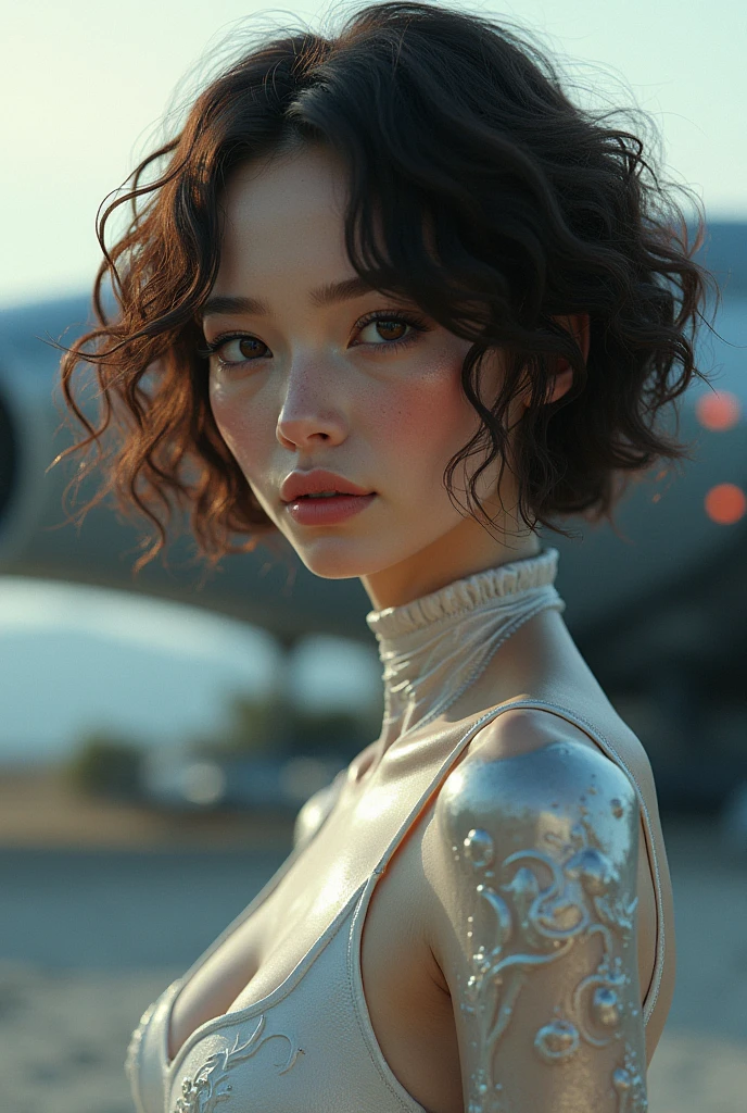 Human-like beautiful alien girl with short curly brown hair attractive, high quality, near to her own spaceship