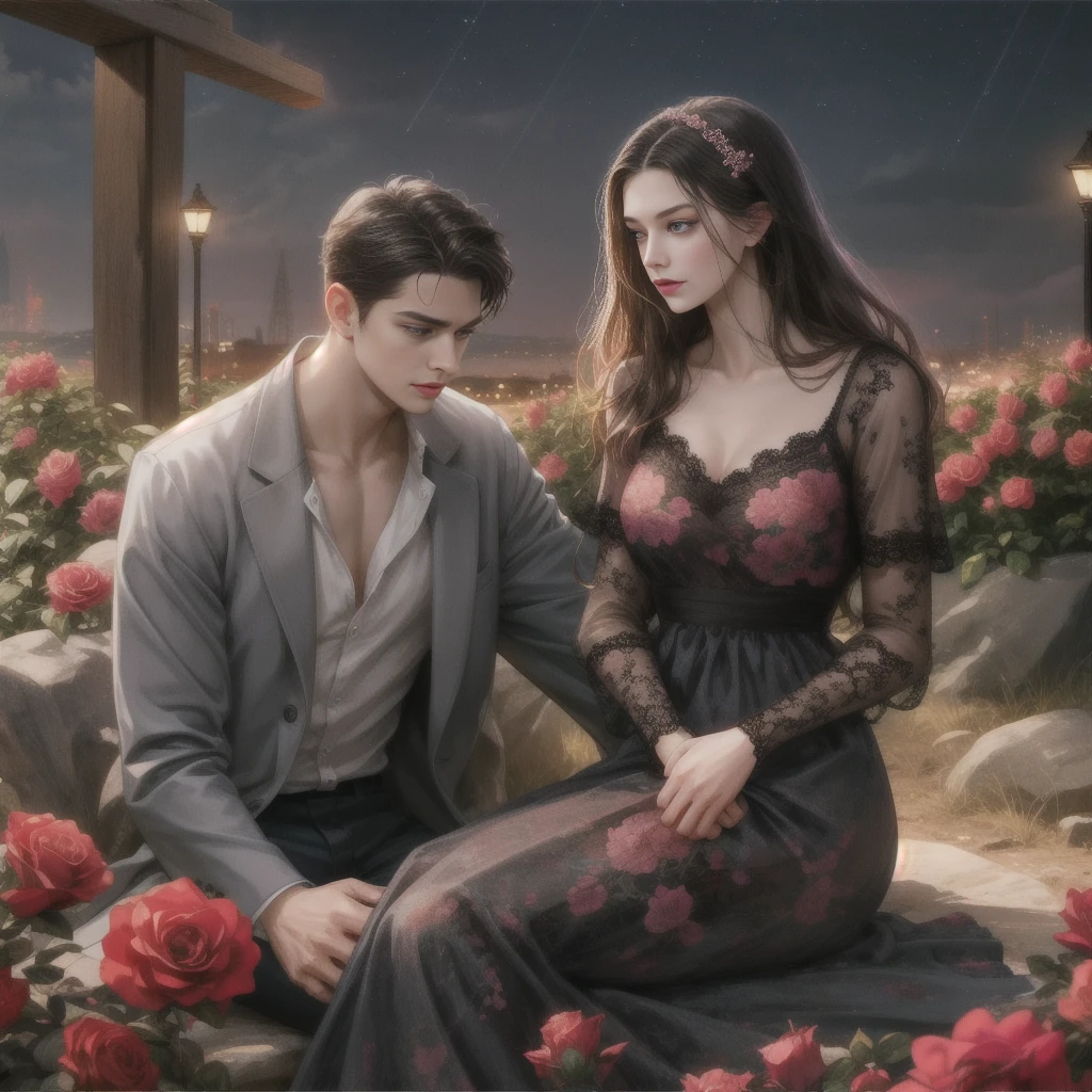 Happy couple, 1 girl 1 boy, Different hair color, Extraordinarily detailed face, Long black bangs and brown eyes. A young woman with long hair, a hair clip, a hair pin.,, A man with black hair, an open forehead, and dark grey eyes.,, Face to face, 35 years old, , (Young woman in a pink floral dress), (Young man in jeans ), The light is dim.,, The boy is tall, has broad shoulders, a sharp face, and fierce eyes., Height difference , Background, night, grassland, lights, sitting, summer, desert, Pink clouds, A land full of roses, Art Station Display, Ultra Wide Lens, high definition,