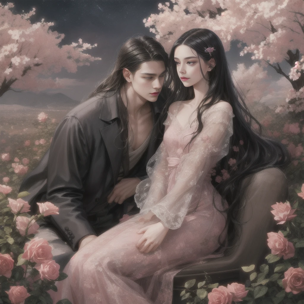 Happy couple, 1 girl 1 boy, Different hair color, Extraordinarily detailed face, Long black bangs and brown eyes. A young woman with long hair, a hair clip, a hair pin.,, A man with black hair, an open forehead, and dark grey eyes.,, Face to face, 35 years old, , (Young woman in a pink floral dress), (Young man in jeans ), The light is dim.,, The boy is tall, has broad shoulders, a sharp face, and fierce eyes., Height difference , Background, night, grassland, lights, sitting, summer, desert, Pink clouds, A land full of roses, Art Station Display, Ultra Wide Lens, high definition,