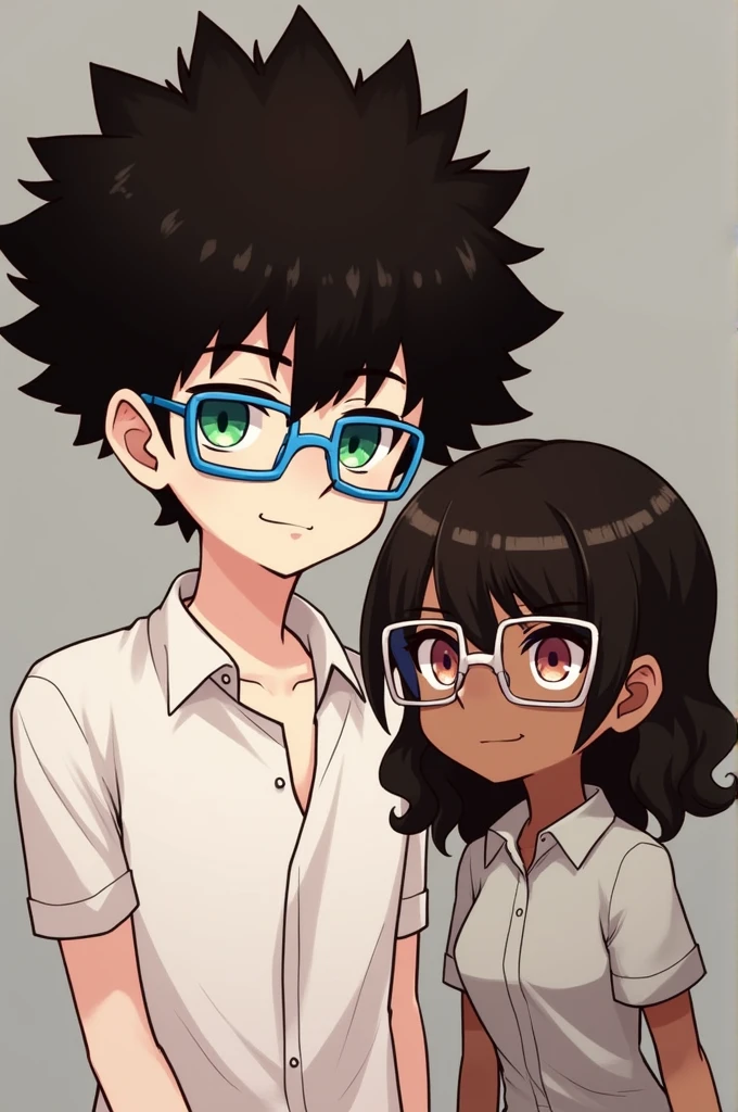 1 white boy with green eyes and square blue glasses and a black girl with curly hair and glasses. 