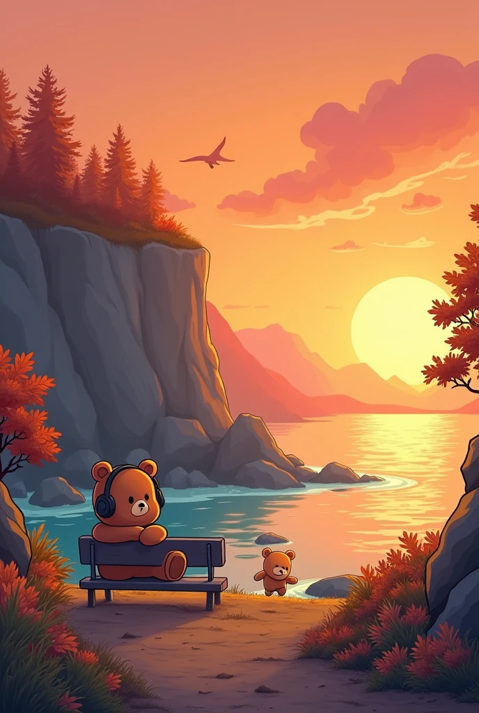 The picture shows a scenery in comic cartoon style. You can see a long cliff, below the reef with water - bank in the middle, but a little away from the cliff - autumnal sunset - on the bench sits a little chibi bear , sad with headphones - in the background another bear runs towards him