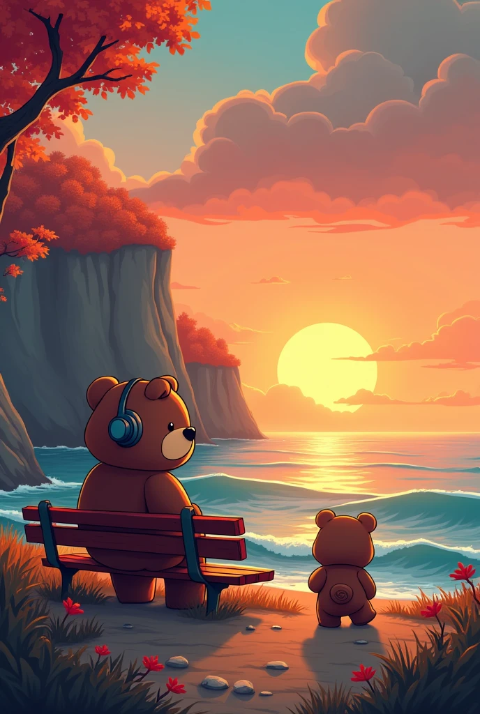  The picture shows a scenery in comic cartoon style. You can see a long cliff, below the reef with water - bank in the middle, but a little away from the cliff - autumnal sunset - on the bench sits a little chibi bear , sad with headphones - in the background ther bear runs towards him