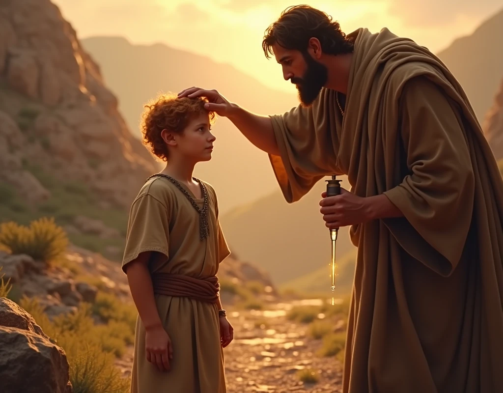 cena principal: Young David is standing, with an expression of reverence and humility, enquanto o profeta samuel o unge com óleo. David must have short red hair, com roupas simples, reflecting his status as a shepherd before becoming king.
samuel: O profeta samuel deve ser retratado com roupas sacerdotais, in a posture of solemnity and authority. He is pouring oil on David's head, symbolizing divine anointing.
context: The scene can be set in a simple setting, like a hill or a tent, to reflect the rural and humble environment. There may be an atmosphere of soft, divine light, highlighting the sacred moment of anointing.
atmosphere: Use soft, focused lighting to highlight the anointing scene, com um brilho sutil ao redor de Davi e samuel para enfatizar a importância do evento.