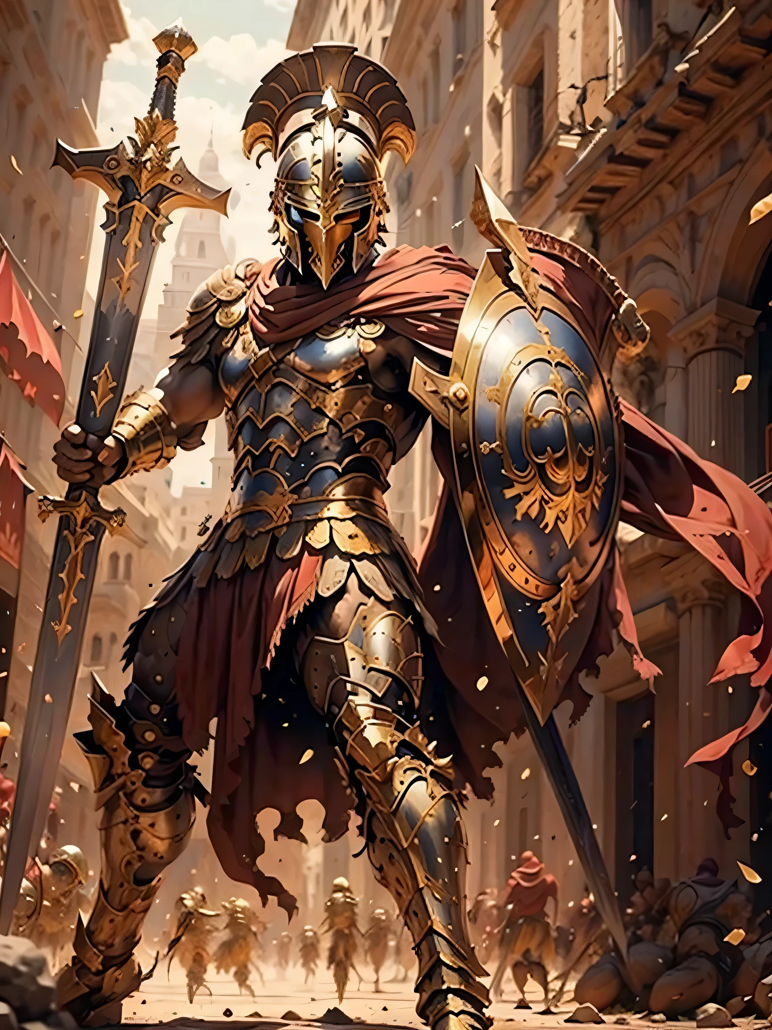 a Roman gladiator, wearing golden armor, helmet, and a sword