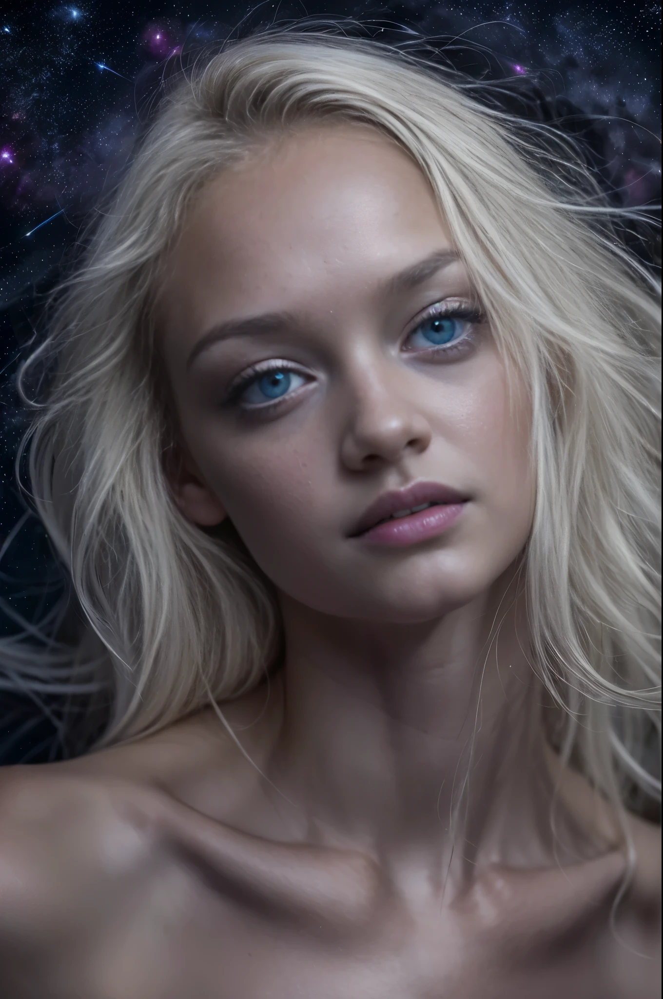 Masterpiece, (Gemma Ward), analog style, (night sky, slender slim body, nude, full body shot:1.2), photo of a ************ Australian model, 1girl, (albino girl, very white skin, long white hair), shiny body, smile, cute thin face, perfect thin face, realistic detailed eyes, (photo by lee jeffries, greg rutkowski and magali villanueve), octane, UHD, ultra high quality, hyperrealistic, photorealistic, Madly detailed, CG unity, 16k wallpaper, Madly detailed photo, hyper-realistic lifelike texture, unreal engine 5, (ecstasy of light and shadow), (sony a7, 50 mm, film grain, UHD, HDR, (beautiful Australian beach in the background , night time deep night sky:1.1)