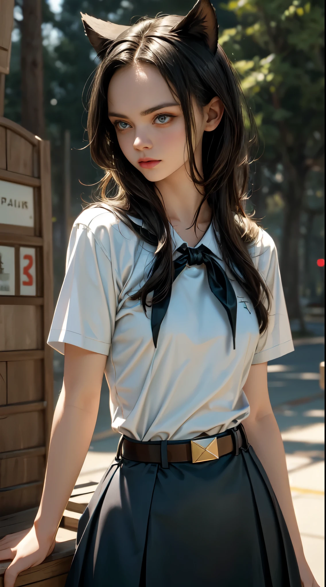 very young slim fit girl, pioneer neckerchief, very short blue skirt, bangs, collarbone, tight white shirt, bursting breast, short sleeves, collared shirt, belt, red neckerchief, full height, rounded face, very long straight hair, big brown eyes, evil smile, perfect flat breast, band on head with fake cat ears, chri5tinaricci9899, realrussian, seductive pose, looking at viewer, 8k vector photography, young teen, beautiful eyes, realistic lighting, detailed outfit, realistic facial features, hyper detail, masterpiece