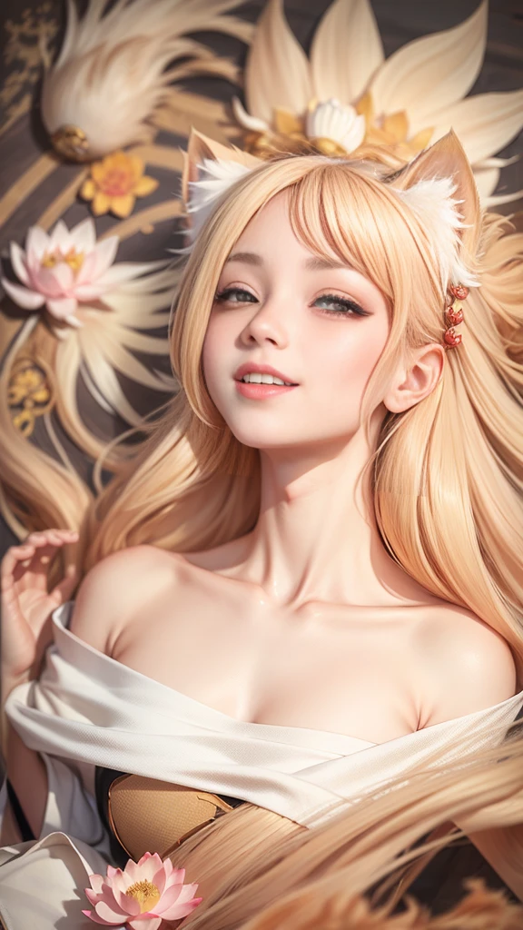 ((4k,masterpiece,best quality)), kirara genshin impact,Chinese painting, lotus, hanfu, maxiskit, dress open, swf 1girl, solo, long blondie hair,cat ears, smile, standing, feet in the water, barefoot,