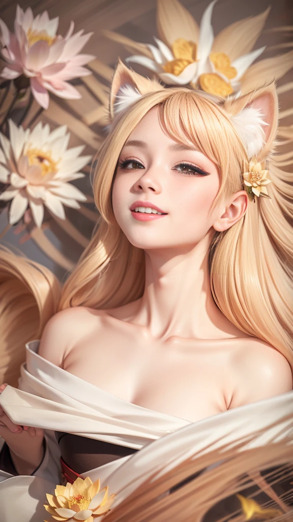 ((4k,masterpiece,best quality)), kirara genshin impact,Chinese painting, lotus, hanfu, maxiskit, dress open, swf 1girl, solo, long blondie hair,cat ears, smile, standing, feet in the water, barefoot,