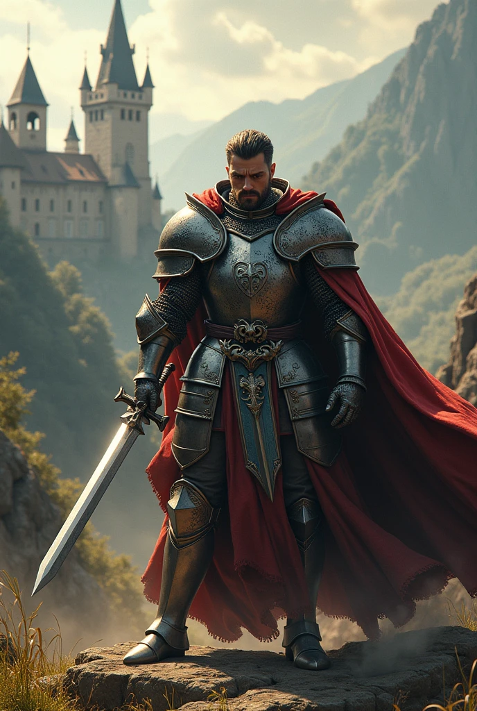 A Knight with a sword and his coat of arms fighting for his honor