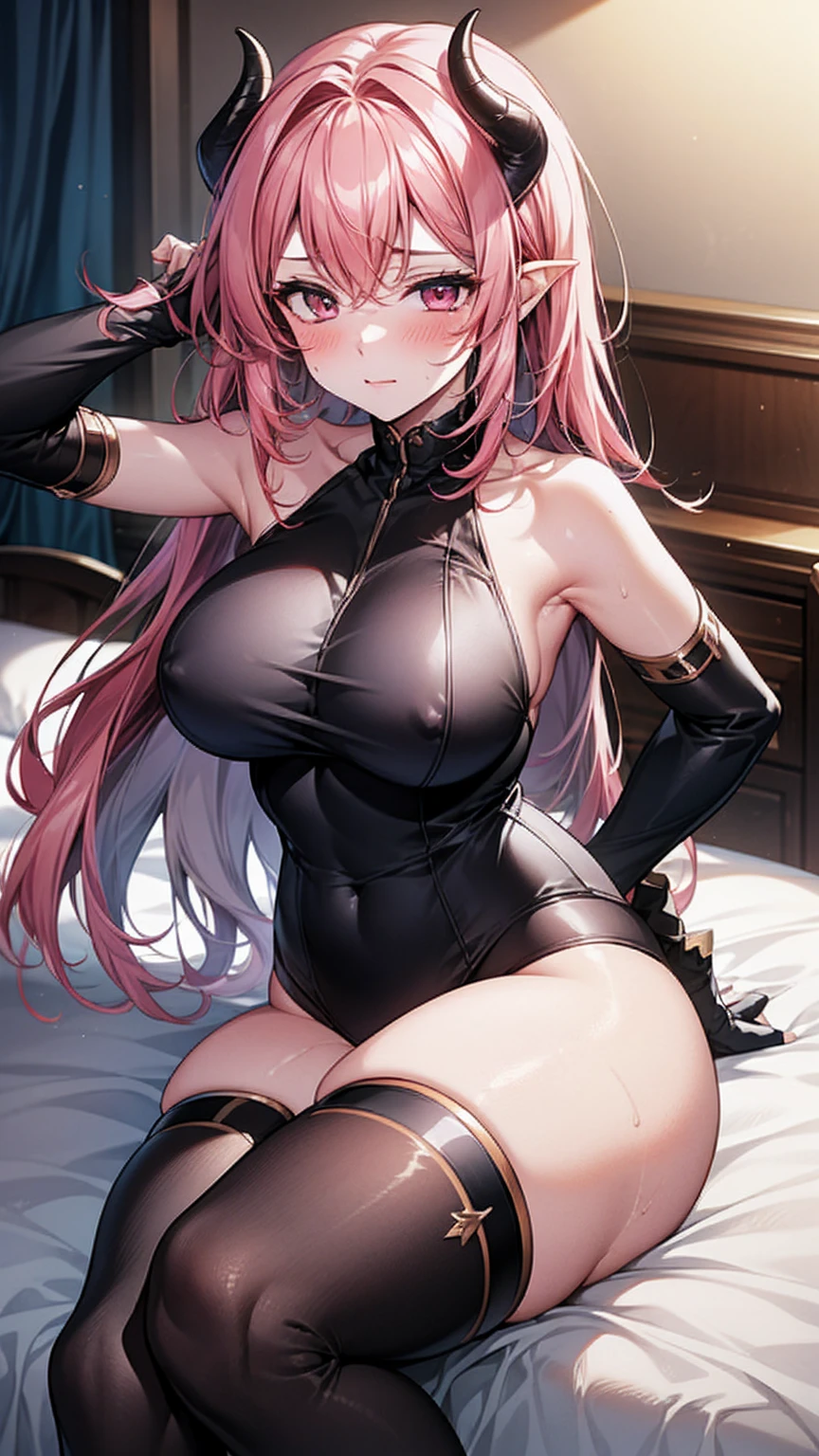 (8k、Best image quality、Highest quality、masterpiece)、Detailed face、Succubus、long gloves up to the elbow、Knee-high socks、On the bed、Bedroom Background、blush、Sweat、Big Breasts、Sexy、sexy、Estrus、vapor