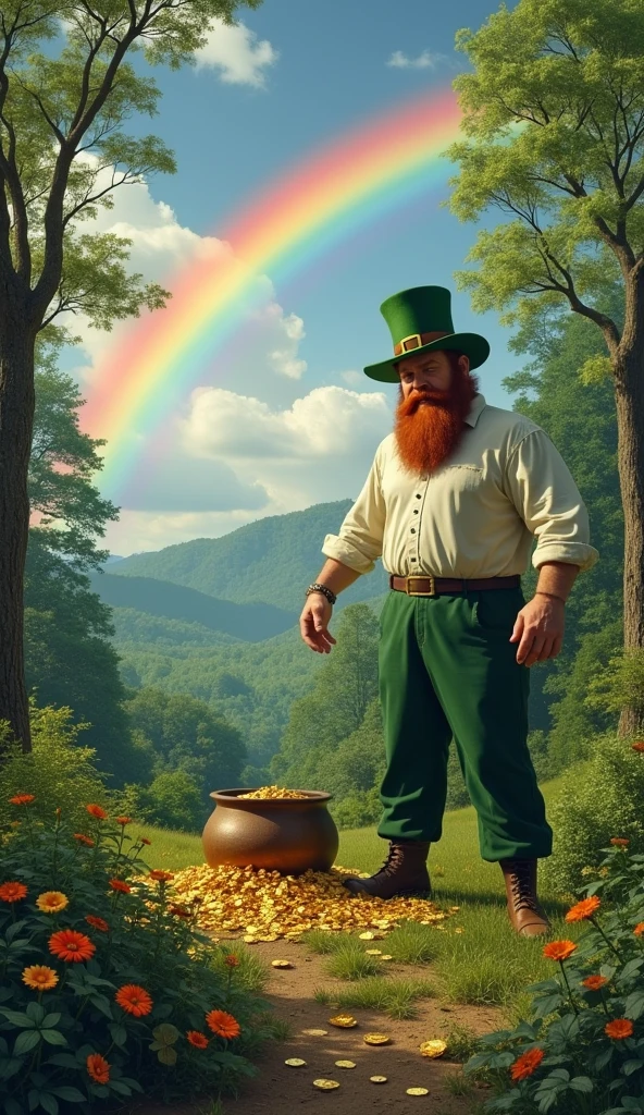 a forest in the background next to a rainbow in the sky and a giant with a white shirt and long pants taking a pot of gold from a sleeping leprechaun