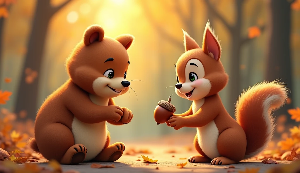"Benny the bear handing an acorn to a grateful squirrel. The squirrel's face lights up with joy as it holds the acorn close, and Benny smiles, happy to have helped."