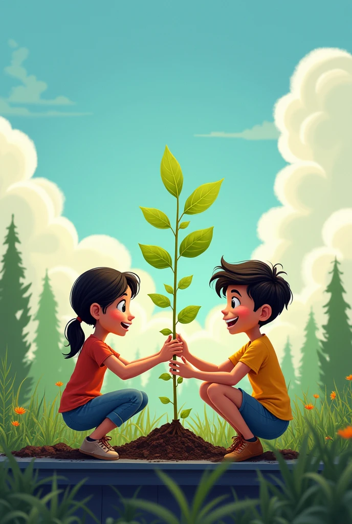 rooftop gardening agers girl and boy,
planting tree in bangladesh, animated, with revolution.