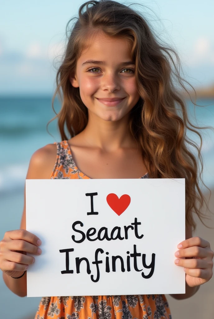Beautiful girl with wavy long hair, bohemian dress, holding a white board with text "I Love Seaart Infinity" and showing it to the viewer