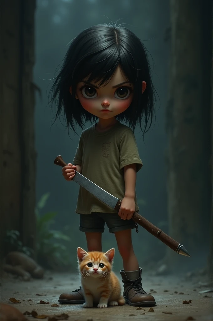 girl with knife in hand and kitten