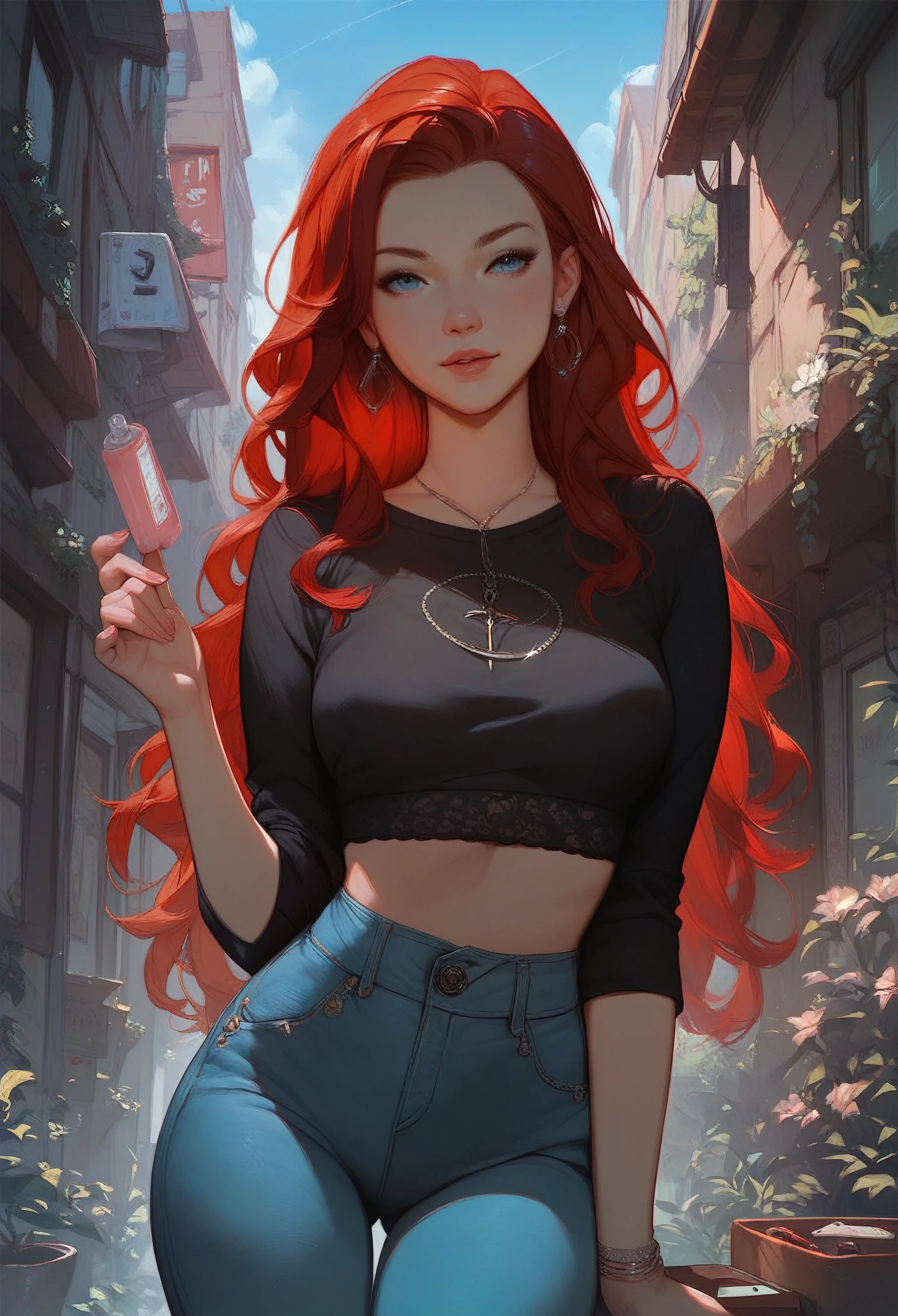 (score_9, score_8_up, score_7_up, score_6_up, score_5_up, score_4_up), 1girl, red hair, long hair, blue eyes, top, jeans, test