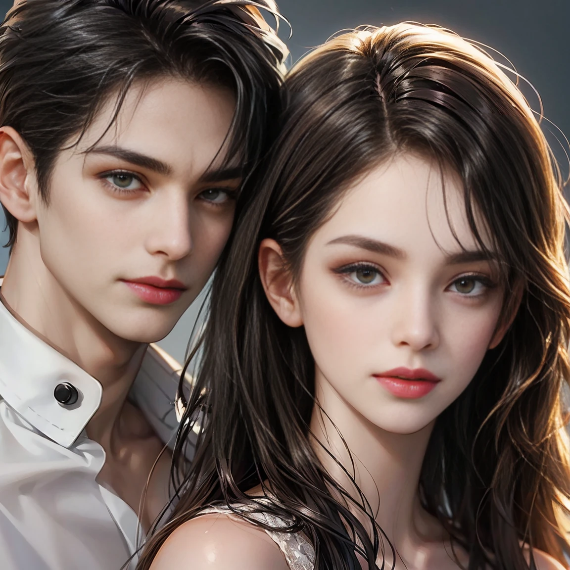 1 Male 1 Female, Different hair colors, Very detailed face, Long, slender, twisted black hair and brown eyes., Short dark brown hair and dark grey eyes., Face to face, , Women's cream dress, Men in black suits , night view , Dinner , flower , rose , คู่loveชายหญิง , Sit on your lap , love , romantic