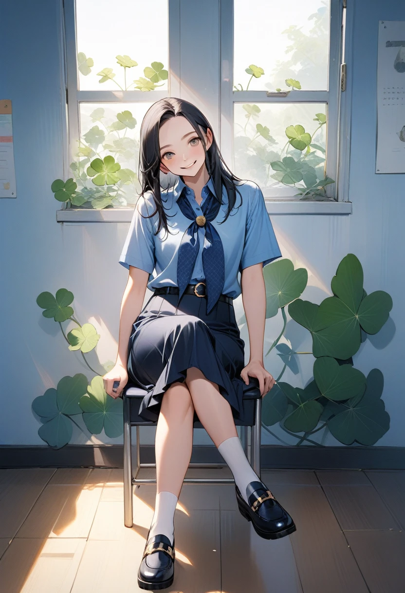 realistic anime illustration of pretty young woman, she is smiling and sitting on chair at classroom, she has black long hair (+forehead), wearing pastel indigo-blue short sleeves collared scout shirt, navy-blue neckerchief with white outline clover leaves pattern, navy-blue pleated pencil long skirt, black belt with gold circle buckle, white socks and black mary-jane shoes, (1girl, solo,full body), (masterpiece, best quality), BREAK, (pastel indigo-blue short sleeves collared scout shirt, navy-blue neckerchief with white outline clover leaves pattern, navy-blue pleated pencil long skirt, black belt with gold circle buckle, white socks and black mary-jane shoes), ((without watermark))