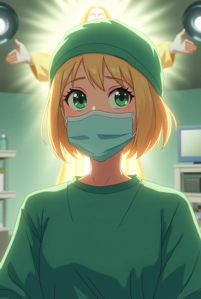 "Create an animated character of a blonde woman, but with masculine features, that you can barely see his hair because it is short, with green eyes with a happy look, wearing a biosecurity mask and a green surgical cap over all the hair . She is ALONE in an operating room, performing an operation under the bright lights of the room. Behind her, the figure of Jesus appears, with a soft and protective light, guiding and protecting her in her decisions. The atmosphere is serene and sacred, highlighting an environment of peace and protection."