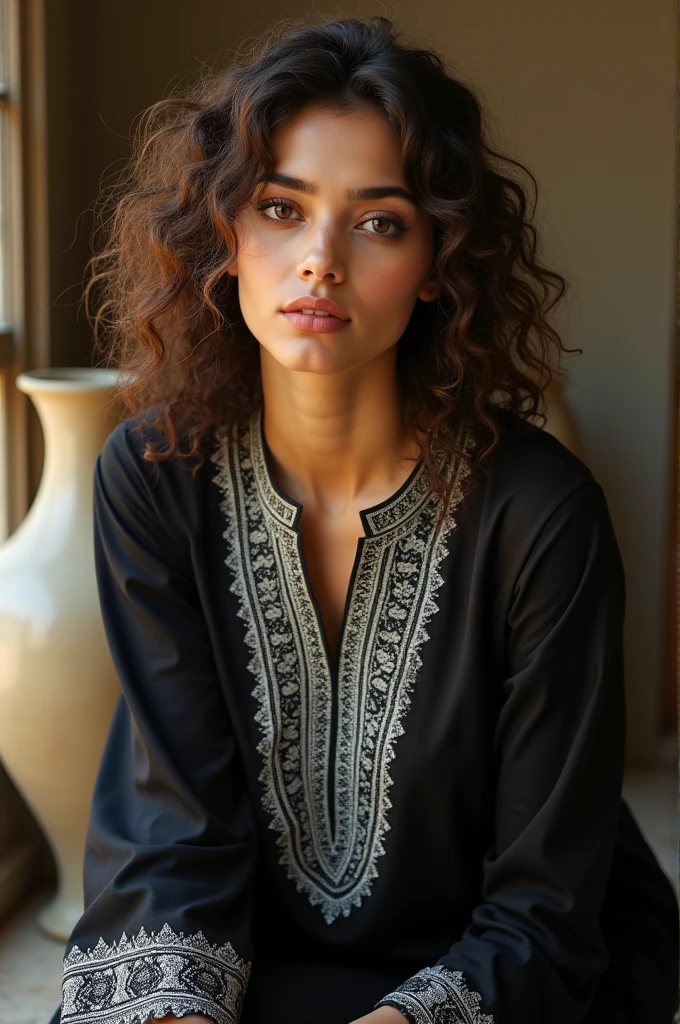 A leady wear a black kurti white print on neck full printed sleeve white pajama pant curly hair brown eyes highlights hair vases background natural light master piece 