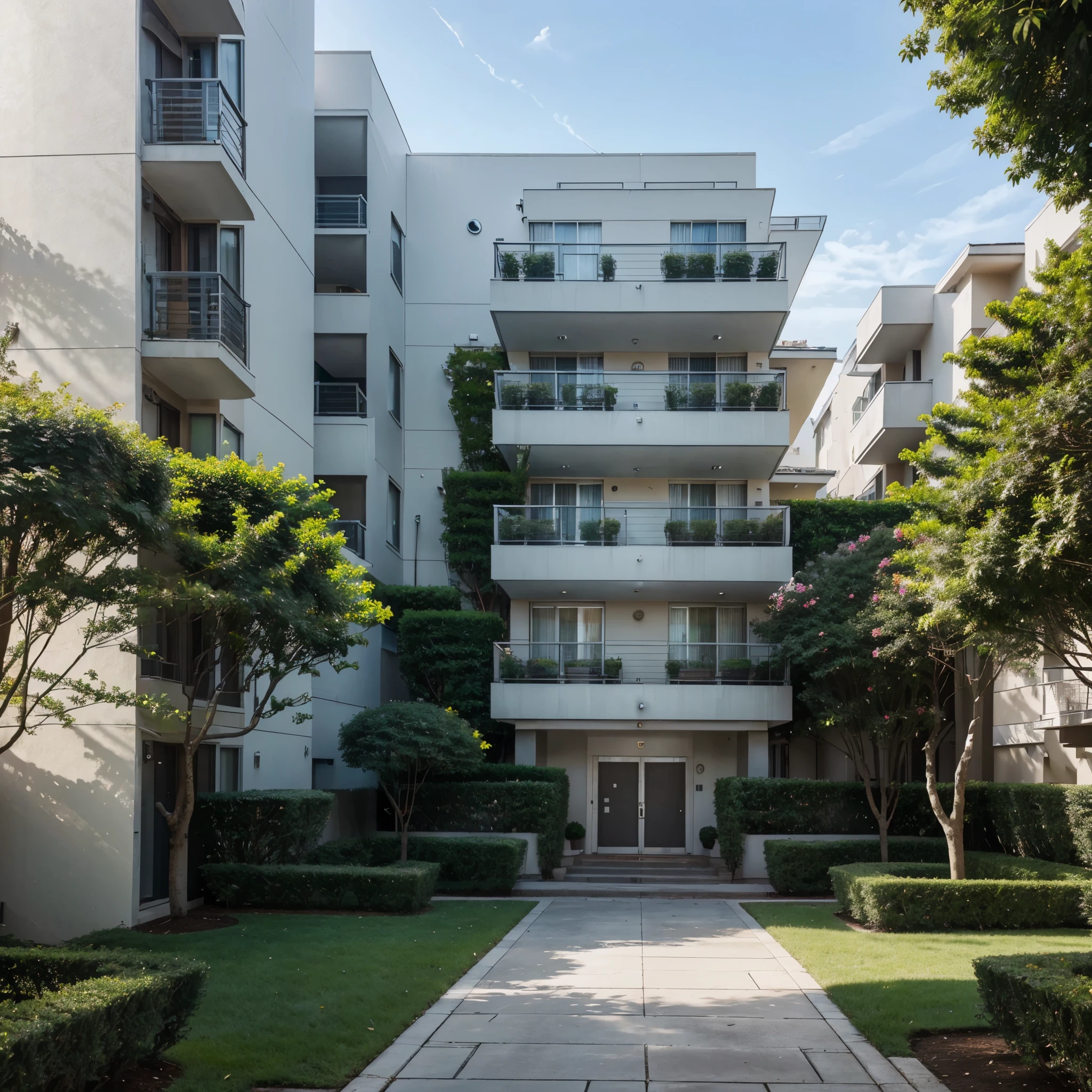 A bright daytime scene of a residential condominium featuring several modern, well-maintained apartment buildings. The buildings are in pristine condition, with clean façades, freshly painted exteriors, and perfectly aligned windows. The architecture is contemporary, with a combination of glass, steel, and smooth concrete. The landscaping is lush and manicured, with green lawns, neatly trimmed hedges, colorful flower beds, and tall, healthy trees providing shade along the pathways. The walkways are clean and inviting, with benches and decorative lighting adding to the overall aesthetic. In the background, a clear blue sky enhances the vibrant and welcoming atmosphere. The scene should convey a sense of luxury, orderliness, and the appeal of living in a well-maintained, high-quality condominium environment.