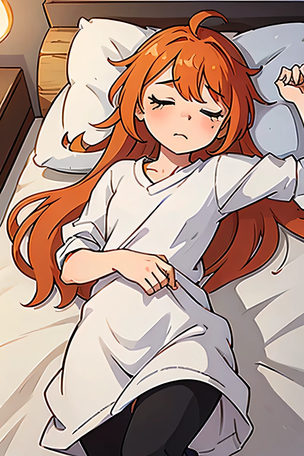 "A light novel-style panel featuring a young girl with a moe aesthetic, sleeping lazily in bed. She has slightly messy brownish-orange hair with an ahoge (a small, quirky hair strand sticking up). The girl is mostly covered by the bed sheets, with only part of her hair and face visible. The scene is soft and warm, conveying a peaceful and sleepy atmosphere."