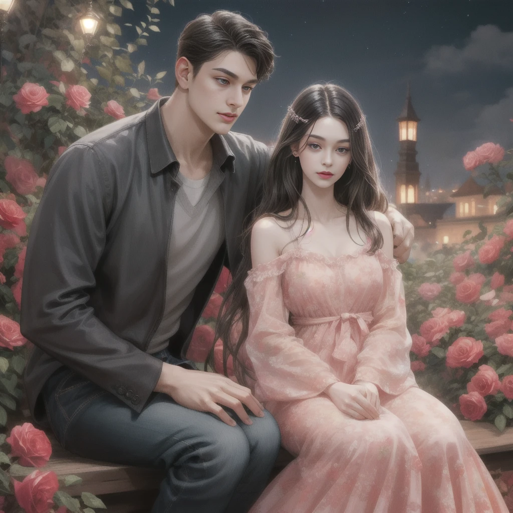 Happy couple, 1 girl 1 boy, Different hair color, Extraordinarily detailed face, Long black bangs and brown eyes. A young woman with long hair, a hair clip, a hair pin.,, A man with black hair, an open forehead, and dark grey eyes.,, Face to face, 35 years old, , (Young woman in a pink floral dress), (Young man in jeans ), The light is dim.,, The boy is tall, has broad shoulders, a sharp face, and fierce eyes., Height difference , Background, night, grassland, lights, sitting, summer, desert, Pink clouds, A land full of roses, Art Station Display, Ultra Wide Lens, high definition,