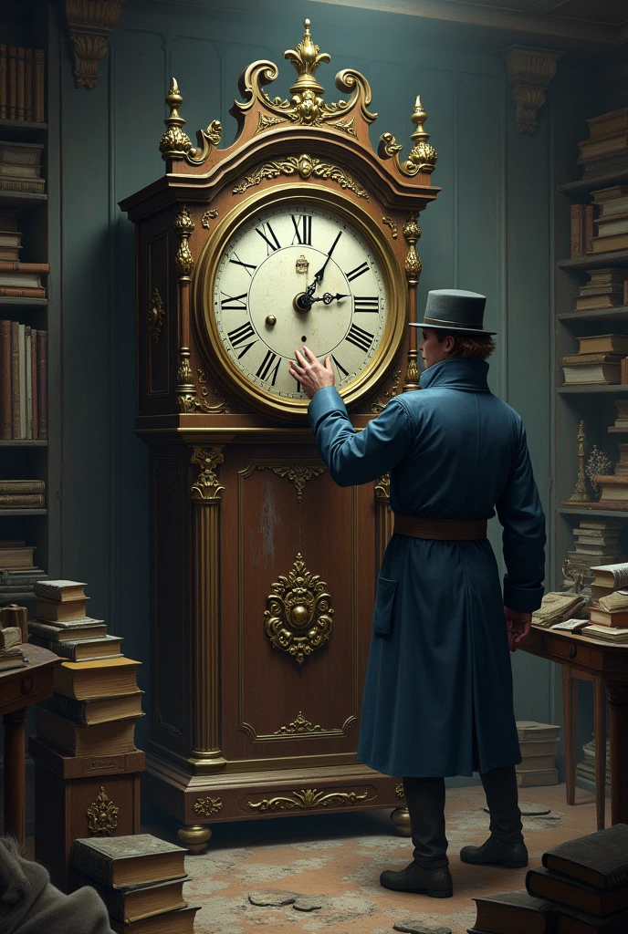The old, intricate clock in the attic with a dusty, cluttered background filled with old books and trinkets. A hand is seen reaching for a mysterious lever behind the clock face