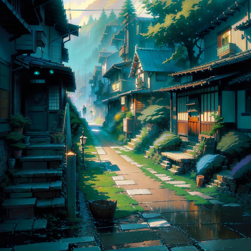 a painting of a street with a path leading to a house, andreas rocha style, ross tran. scenic background, anime background art, scenery artwork, anime. by makoto shinkai, by Makoto Shinkai, by makoto shinkai, tomas kinkade, japanese village, japanese street, (((thomas kinkade))), beautiful anime scene