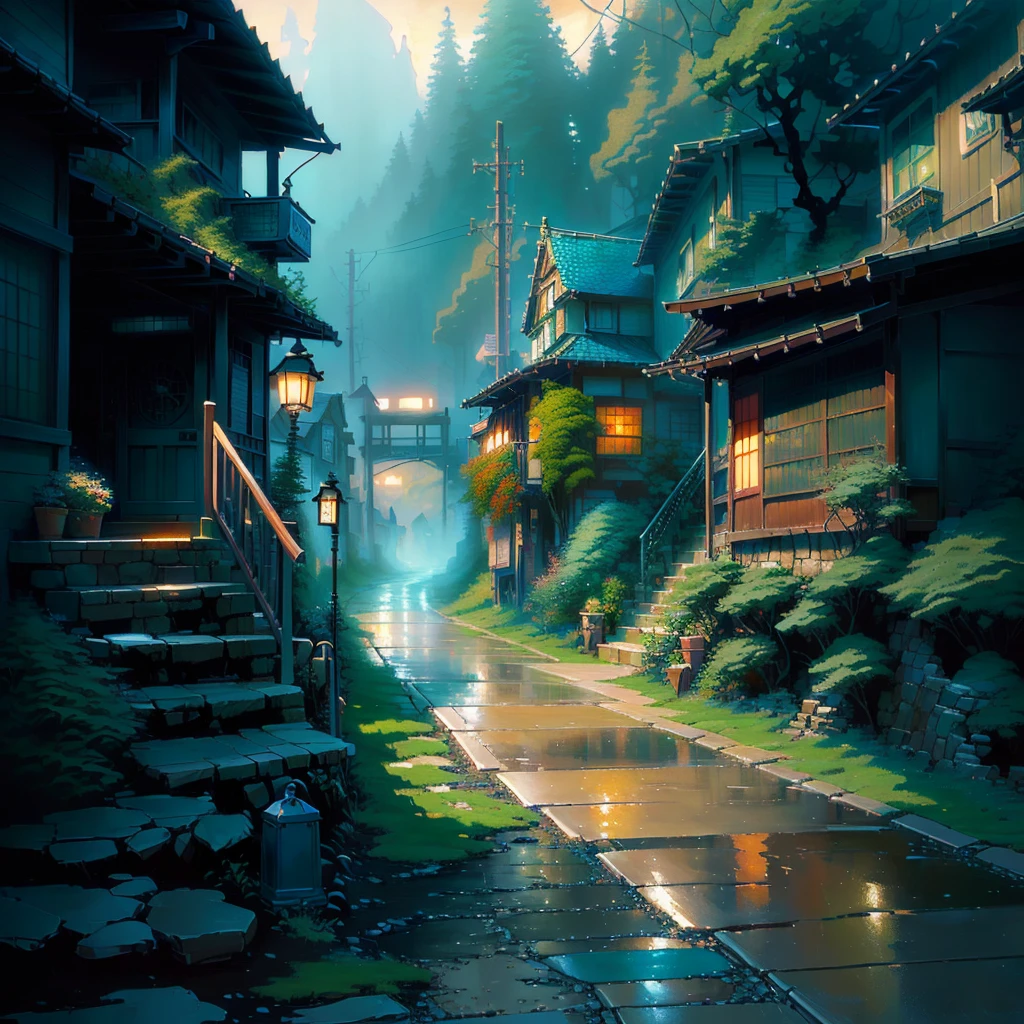 a painting of a street with a path leading to a house, andreas rocha style, ross tran. scenic background, anime background art, scenery artwork, anime. by makoto shinkai, by Makoto Shinkai, by makoto shinkai, tomas kinkade, japanese village, japanese street, (((thomas kinkade))), beautiful anime scene