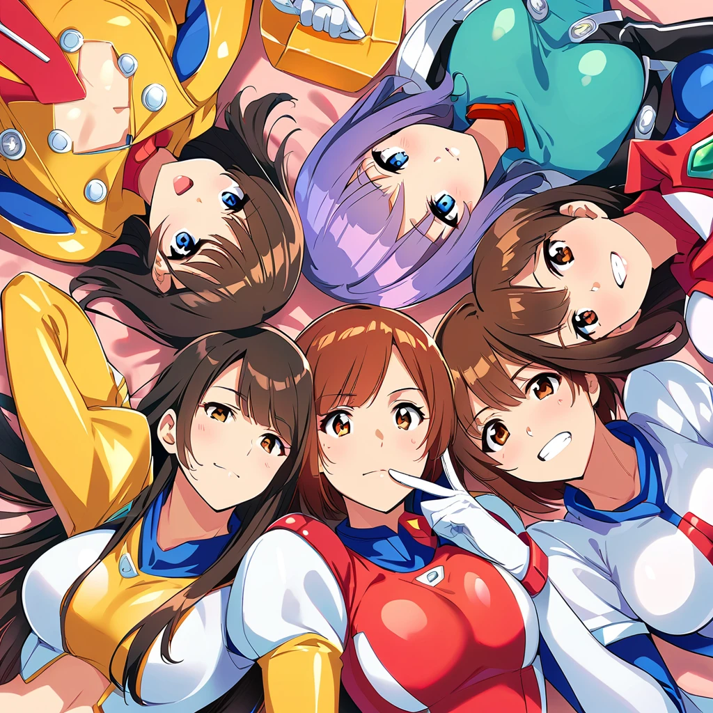 super sentai series, hero suits, girls surrounding, multiple girls,