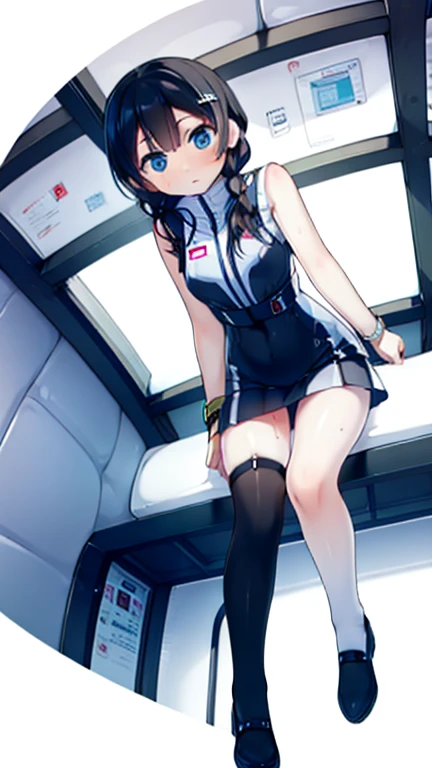 (Highest quality), (masterpiece), 1080P, High resolution, 4K, 8k, Inside the space station、Futuristic room、Thigh straps, Shooting from directly below, The woman on top of me, 白いSweat, Covered , Sweat, Woman looking down, Skirt swimsuit, Thigh-high socks, To achieve this, 16 years old, , whole body, Black leather shoes, Braided hair, Inner Color, Embarrassed face, Short black hair, bracelet, Bedroom,celestial body_Vest