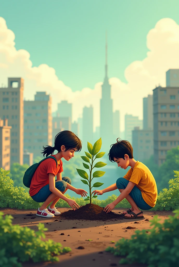 rooftop gardening teenagers girl and boy, 
planting tree in bangladesh,  animated, with revolution. back ground city and pollution, dust


