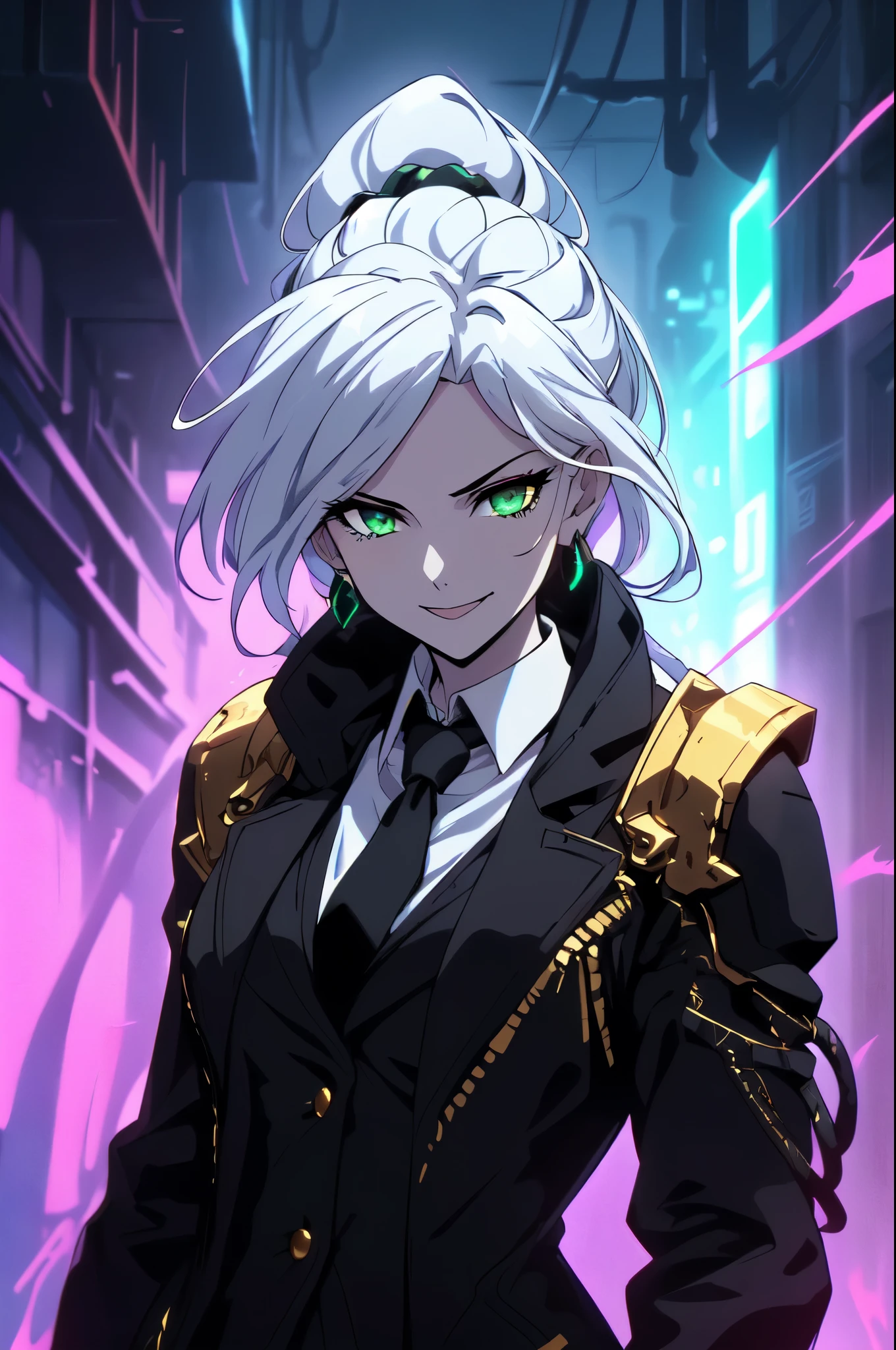 anime, masterpiece, best quality, (extremely detailed CG unity 8k wallpaper), (best quality), (best illustration), (best shadow), absurdres, realistic lighting, (Abyss), beautiful detailed glow, beautiful, (1girl, solo, portrait:1.12), V0id3nergy, kiana kaslana,white long hair, (green eyes, emerald onyx mystical smokey eyes:1.02), long white hair, black clothes with golden trim, (golden trim, smirk:1.1), open eyes, looking at viewer, (cursed energy:1.33), (black and gold suit, suit and tie, dress shirt, well dressed, cyberpunk, corpo:1.2), aura, ponytail, braids, medium chest