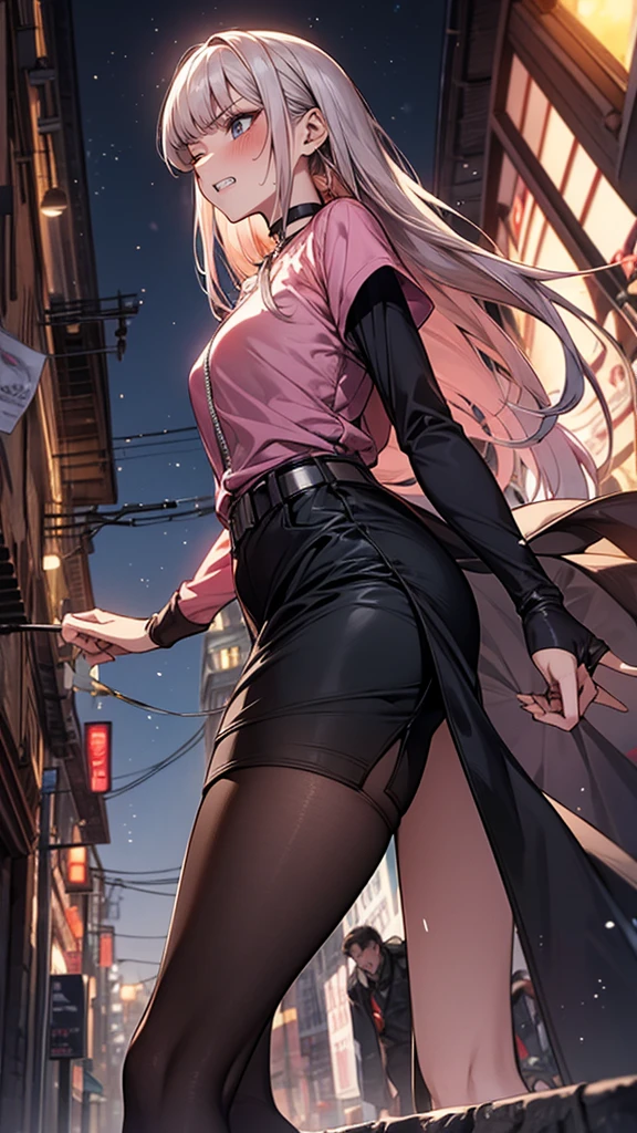 {{hold your stomach with one hand:1.8}},{{standing on one knee:1.6}},{{knee up:1.6}},{{Hold one hand on the side of the body:1.6}},Hold the arm with one hand,Dynamic composition,dutch angle,from below,from side,solo,170cm tall female, theatrical animation style,{{Black pantyhose:1.2}}, Power Rangers pre-transformation heroine,{{Futuristic zip-up police shirts　with collar}}, Long-sleeved shirt with rolled-up arms,{{Pink-based shirt:1.6}},pink shirt,BLACK　PENCIL SKIRT, BLACK SKIRT,,{{small face:1.8}},{{Grit your teeth:1.4}},{{fighting stance:1.6}}{{fight:1.6}}{{masterpiece}}, {{{Highest quality}}},{{Very detailed}},{{Pain ,Suffering}},one eye closed,{{critical situation:1.6}},{}},1girl,30years old,{Mature Woman}},{{}},{{Grit your teeth:1.4}},,{{v-shaped eyebrows}},Bad mood,blush,Sweat,raise one's eyebrows、black fingerless gloves,Bad mood,profound,Beautiful thighs,clavicle、chest holster,BLACK　Long Hair,Blunt bangs,Alley,Black Choker,belt,heavy breathing