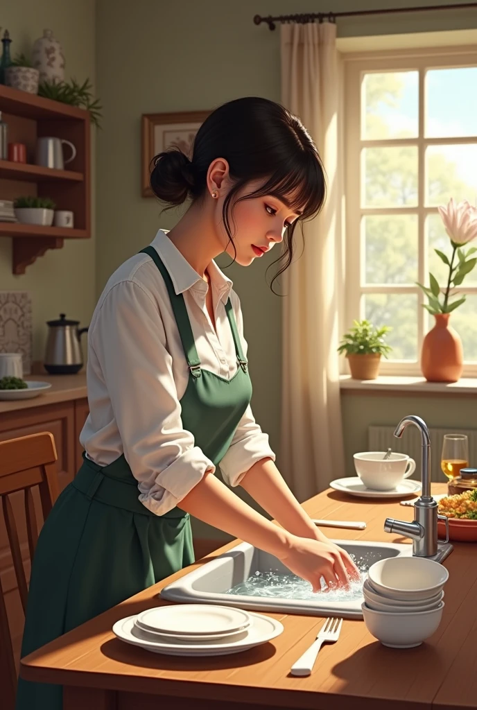 Woman washing dishes in a dining room