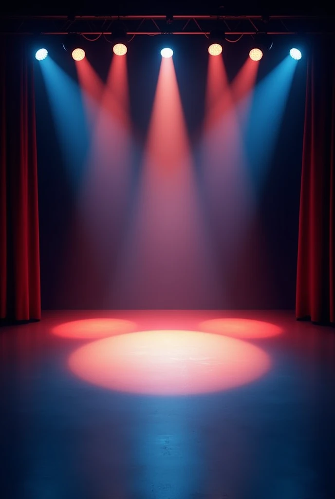 make a floor plan for a light map for a theater, with the following characteristics:
sidelights (Amber):
Position: Placed on the upper sides of the stage.
Farbe: mbar.
function: Illuminate the corners of the stage where the actors are positioned, creating a fill effect and highlighting these areas with a warm hue.
Pine Light (Pin Spotlight):
Position: Centered in the middle of the stage.
Farbe: Pink.
function: Main focus on center stage, directing attention to the center of the action. This type of light is typically used to highlight a specific point or character..
General Light (Wash Light):
Position: General coverage over the entire stage.
Farbe: cerulean.
function: Create soft ambient lighting, covering the entire stage with a bluish hue. This helps set the mood and unify the scene visually..
being that the equipment is:
Yellow Circle (Amber): sidelights (Fresnel ou PAR Can) - Lighting of the sides of the stage, creating a warm environment and highlighting the actors in the corners.
Círculo Pink (Pink): Pine Light (Ellipsoidal Reflector Spotlight - ERS ou Source Four) - Central focus on stage, highlighting the center of the action.
Círculo cerulean (Blue): General Light (Wash Light ou LED PAR) - General lighting that covers the entire stage, creating a smooth and uniform environment.