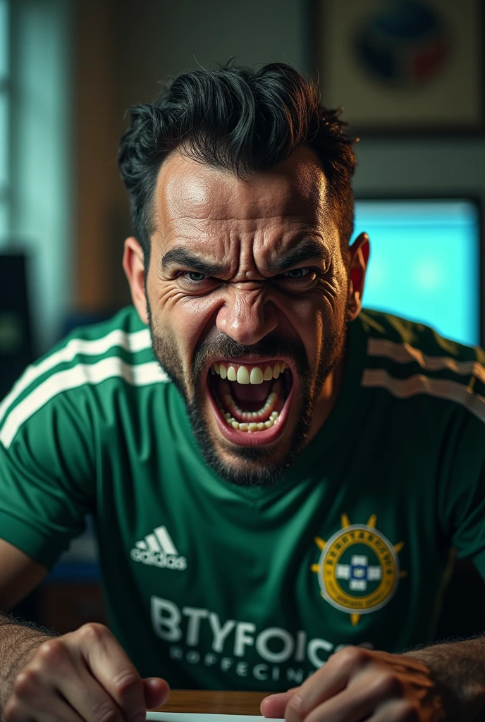 Bald and ugly man, having a patchy beard, angry with the Botafogo SaF RJ shirt in front of the computer