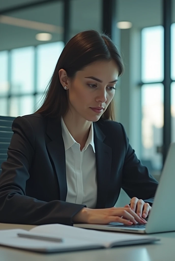 Create a video from this image ,a woman with dark brown hair working in an office with an Apple notebook 