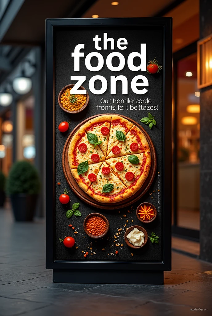 The main flex board design of size 22.5 by 4 with "the food zone" as main heading and family restaurant as subheading heading with pizza and Indian cuisine in dark theme in landscape mode
