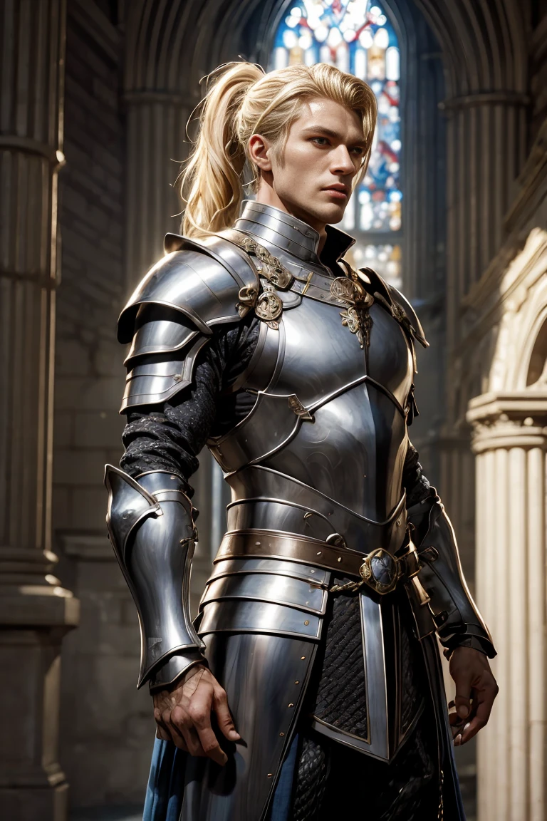"A magnificent work of art in high definition, Describe a handsome person, A character with blonde hair, a stylish high ponytail, and silver chainmail armor.., Embodying the essence of a noble and virtuous holy warrior."