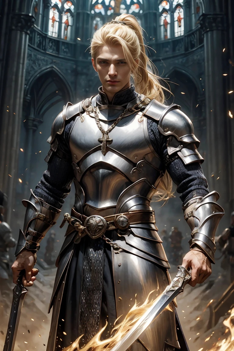 "A magnificent work of art in high definition, Describe a handsome person, A character with blonde hair, a stylish high ponytail, and silver chainmail armor.., Embodying the essence of a noble and virtuous holy warrior."