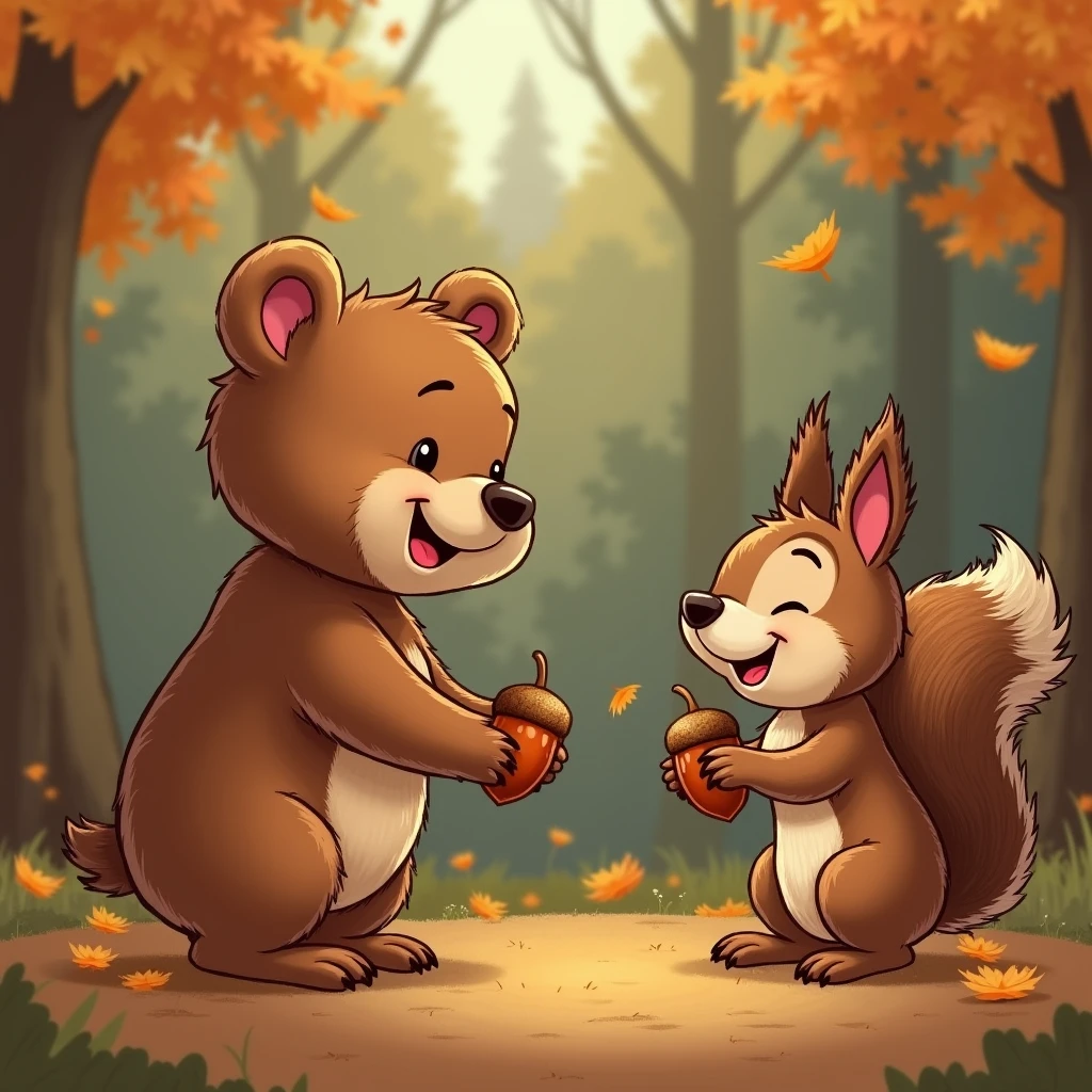 "Benny the bear handing an acorn to a grateful squirrel. The squirrel's face lights up with joy as it holds the acorn close, and Benny smiles, happy to have helped."